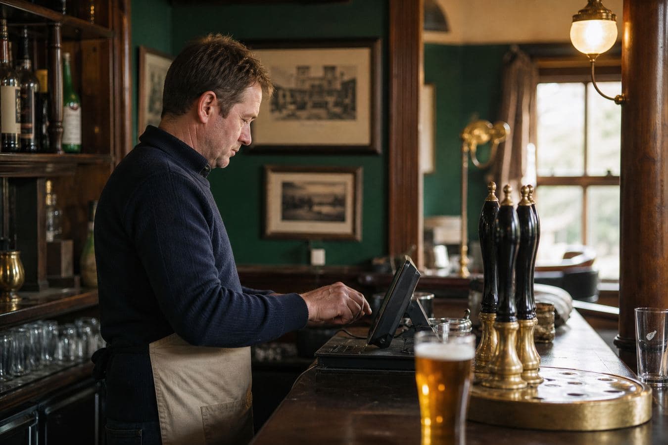 A publican at a till in a British pub.